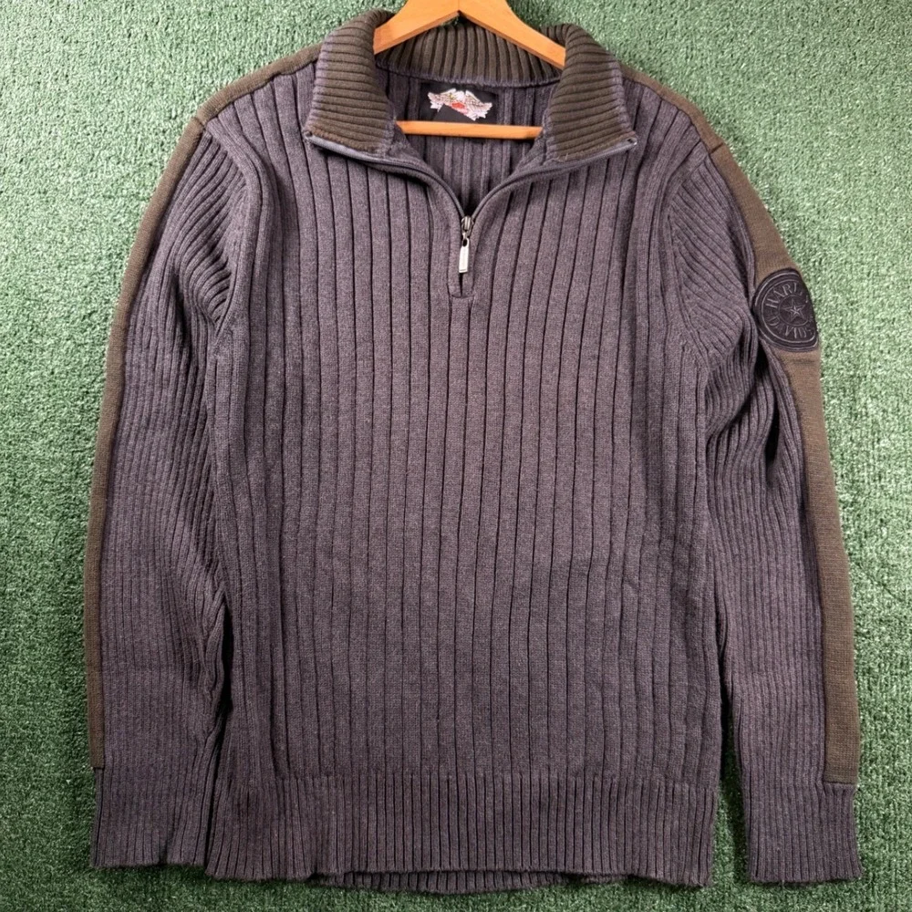 Harley Davidson Quarter Zip Sweater Mens L Grey Good Ribbed Cotton Patch Biker